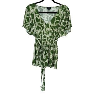 Deletta by Anthropologie Green White Patterned Blouse Tie Flowy Sleeves Medium
